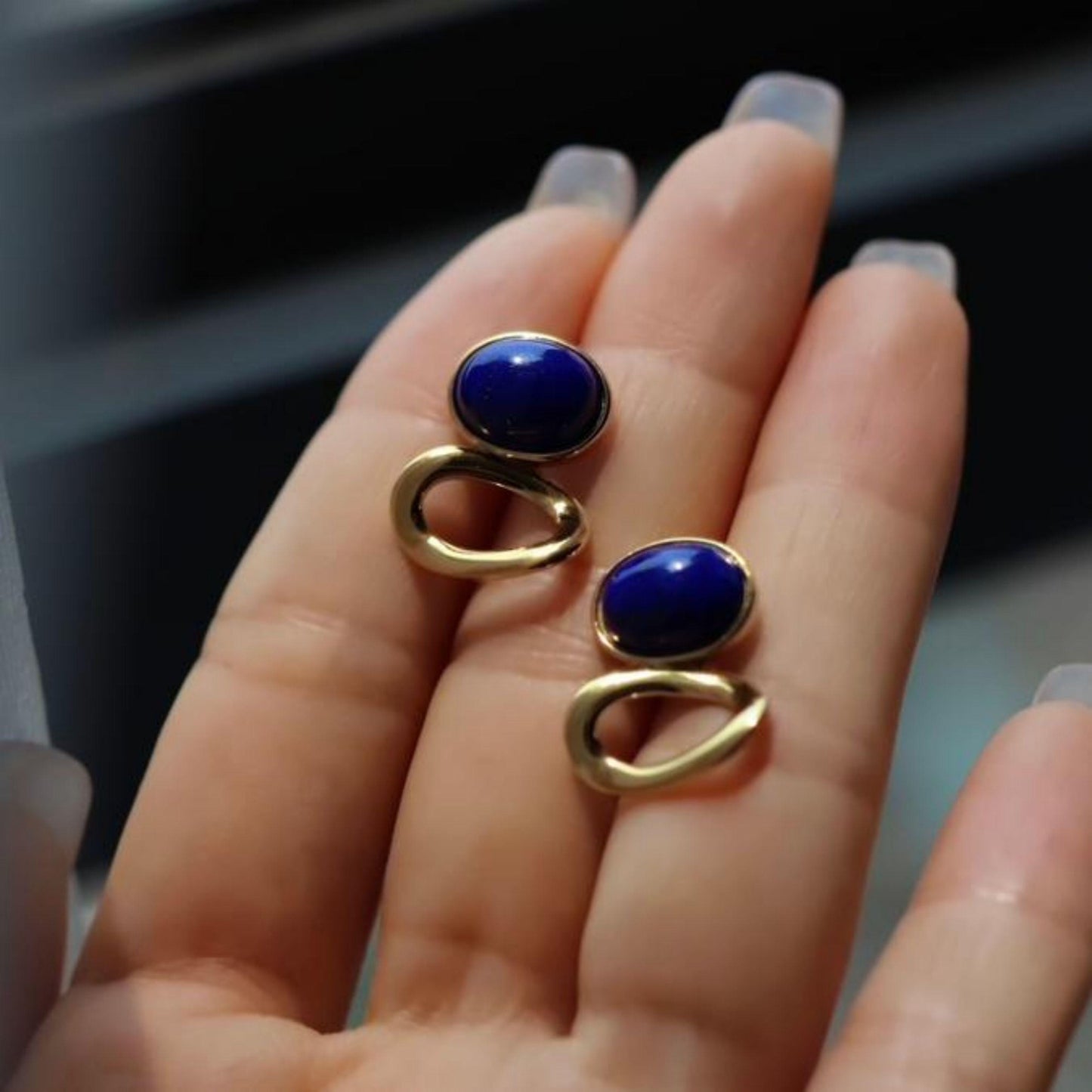 Natural Lapis lazuli Stud Earrings /Sterling 925Silver 18K Gold-Plated Lapis lazuli Studs/Customize gift box/anniversary gift/unique gift