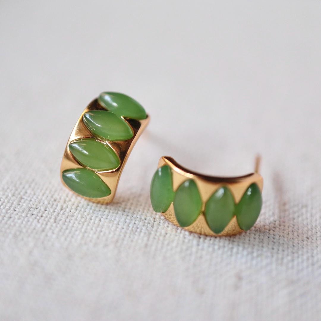 Natural green jade Stud Earrings /Sterling 925Silver 18K Gold-Plated jade Studs/Customize gift box/genuine jade earrings/anniversary gift