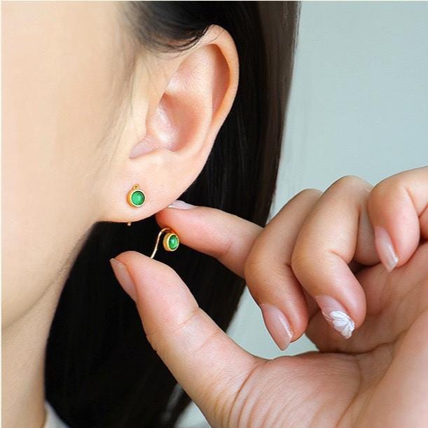 Natural green jadeite Stud Earrings /Sterling 925Silver 18K Gold-Plated jade Studs/Customize gift box/genuine jade earrings/anniversary gift