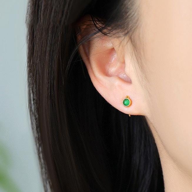 Natural green jadeite Stud Earrings /Sterling 925Silver 18K Gold-Plated jade Studs/Customize gift box/genuine jade earrings/anniversary gift