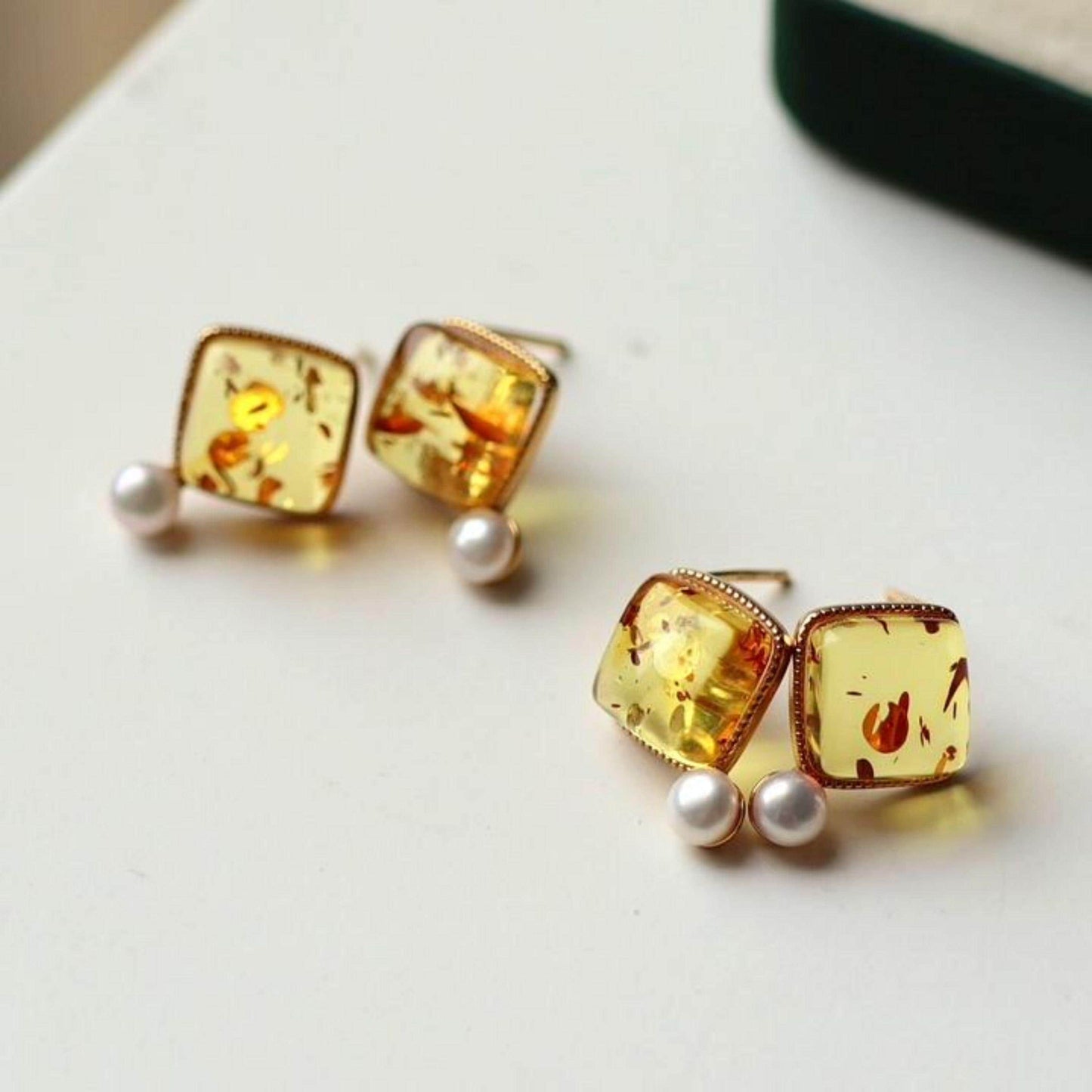 Natural pearl Stud Earrings /Sterling 925 Silver 18K Gold-Plated pearl Studs with Floral amber/Customize gift box/June birthstone gift