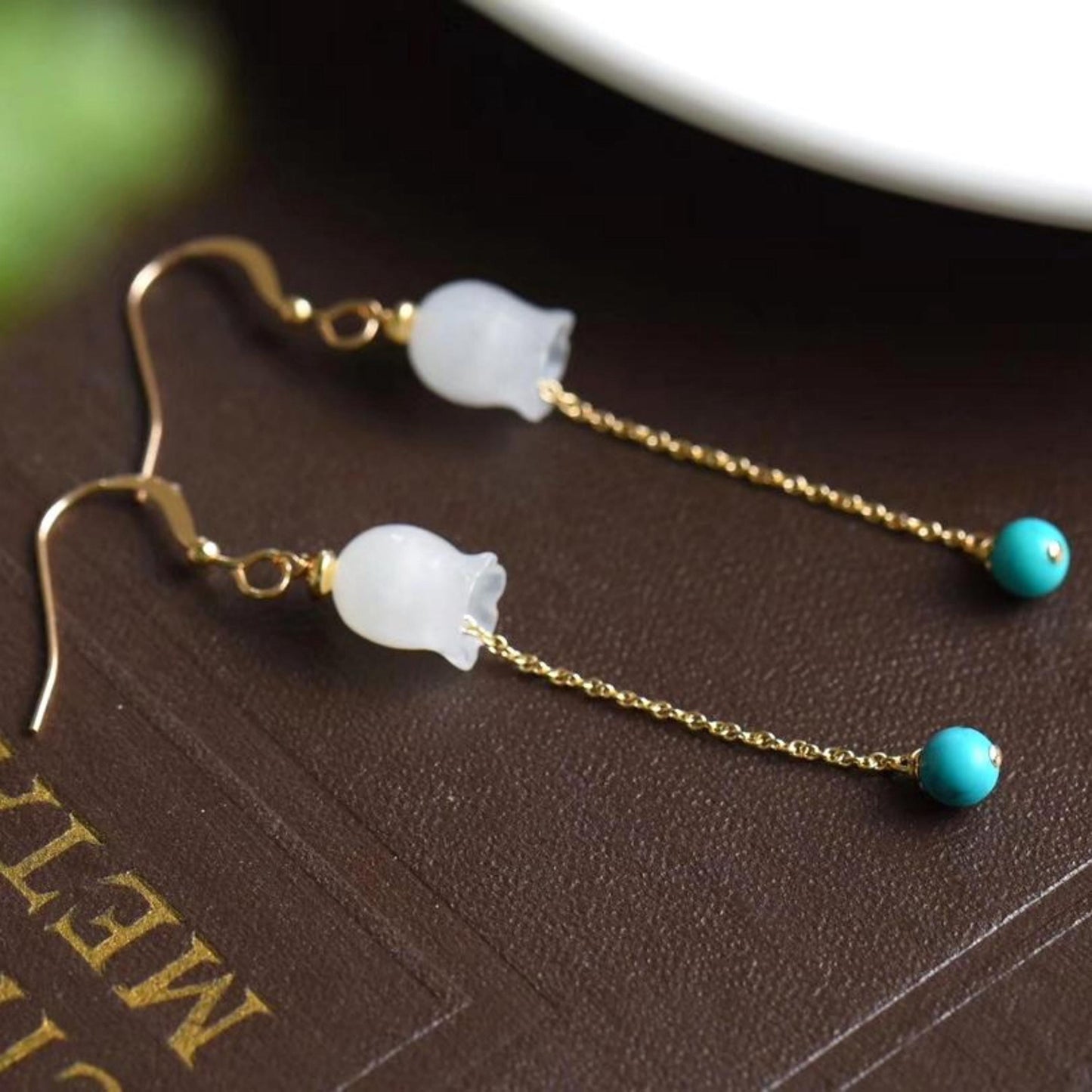 Natural jade dangle & drop Earrings/Sterling 925Silver 18KGold-Plated jade earrings/Customize gift box/lily of the valley earrings turquoise