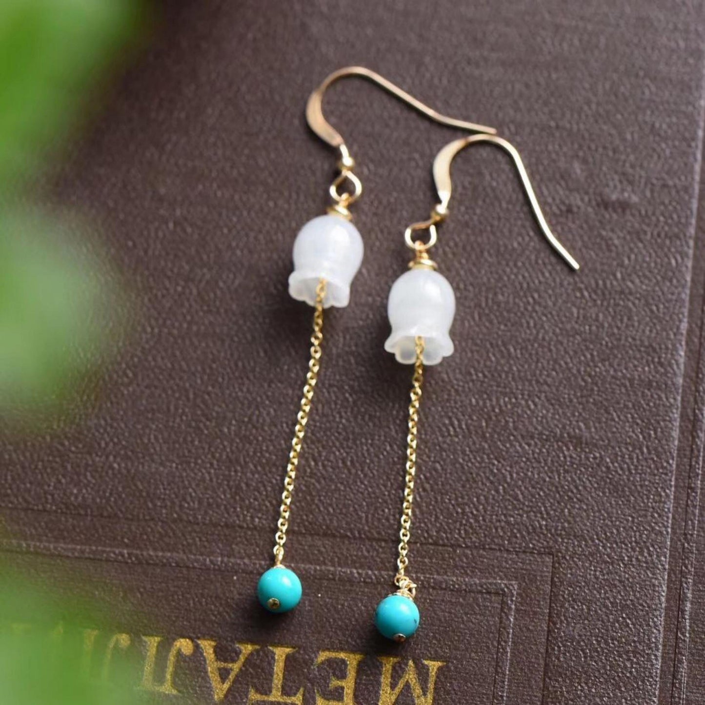 Natural jade dangle & drop Earrings/Sterling 925Silver 18KGold-Plated jade earrings/Customize gift box/lily of the valley earrings turquoise