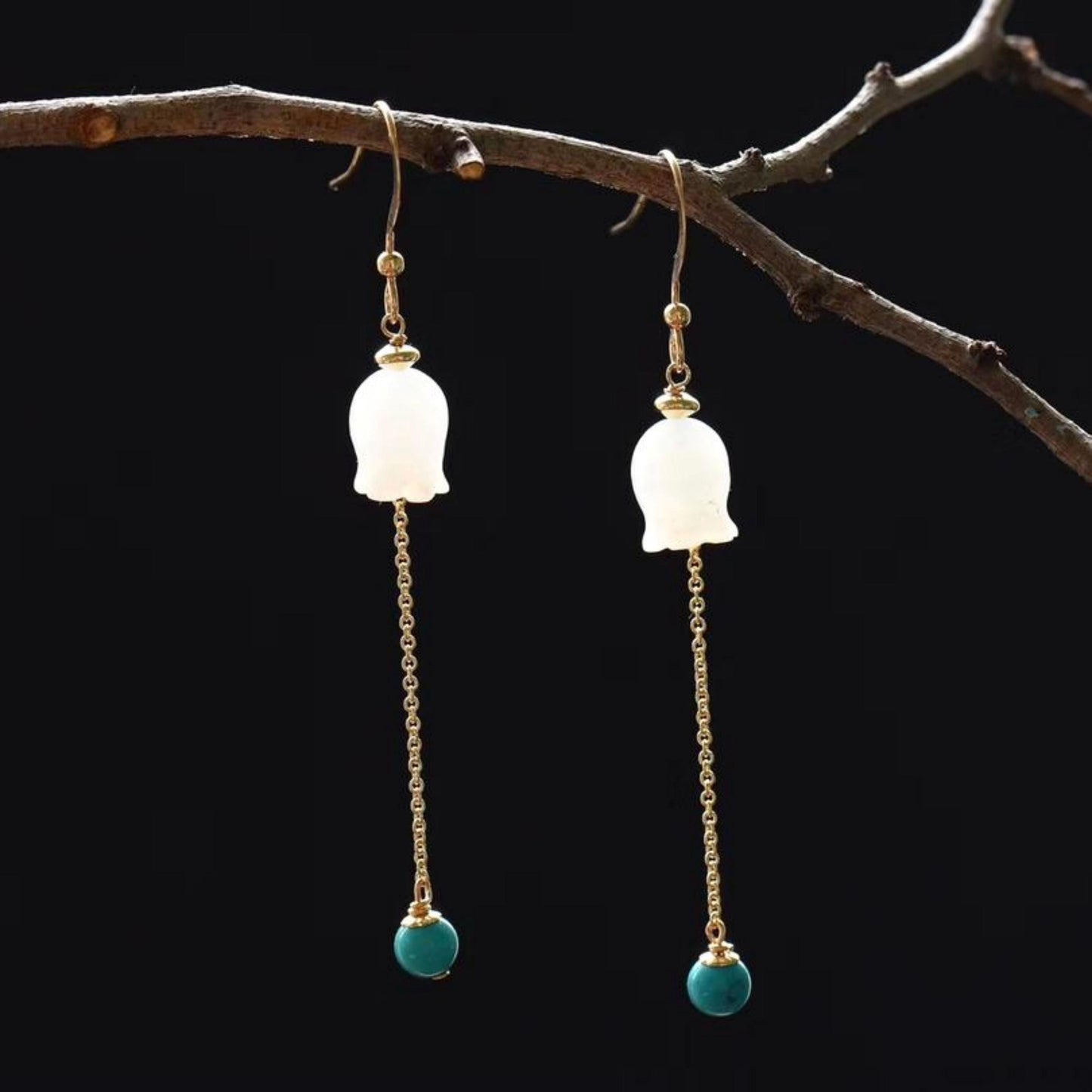 Natural jade dangle & drop Earrings/Sterling 925Silver 18KGold-Plated jade earrings/Customize gift box/lily of the valley earrings turquoise