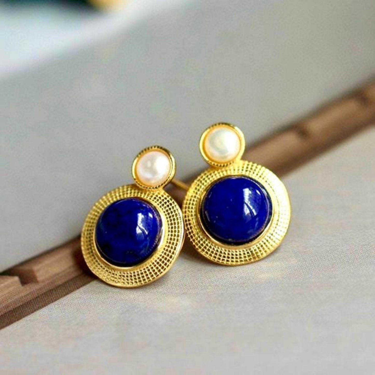 Natural Lapis lazuli Stud Earrings/Sterling 925 Silver 18k Gold-Plated Lapis lazuli Studs with pearl/Customize gift box/anniversary gift