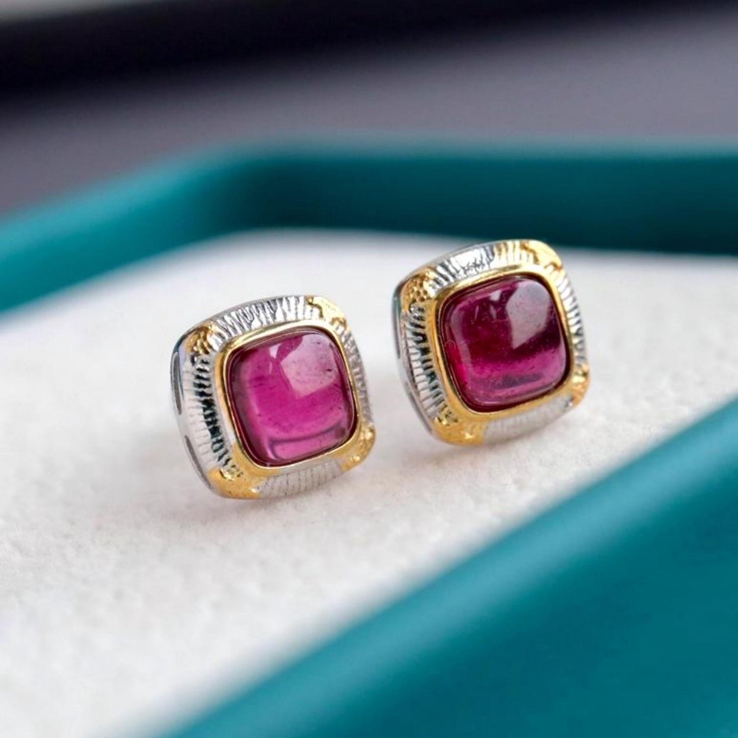 Natural spessartine garnet Stud Earrings /Sterling 925Silver 18K Gold-Plated garnet Studs/Customize gift box/January birthstone gift/retro