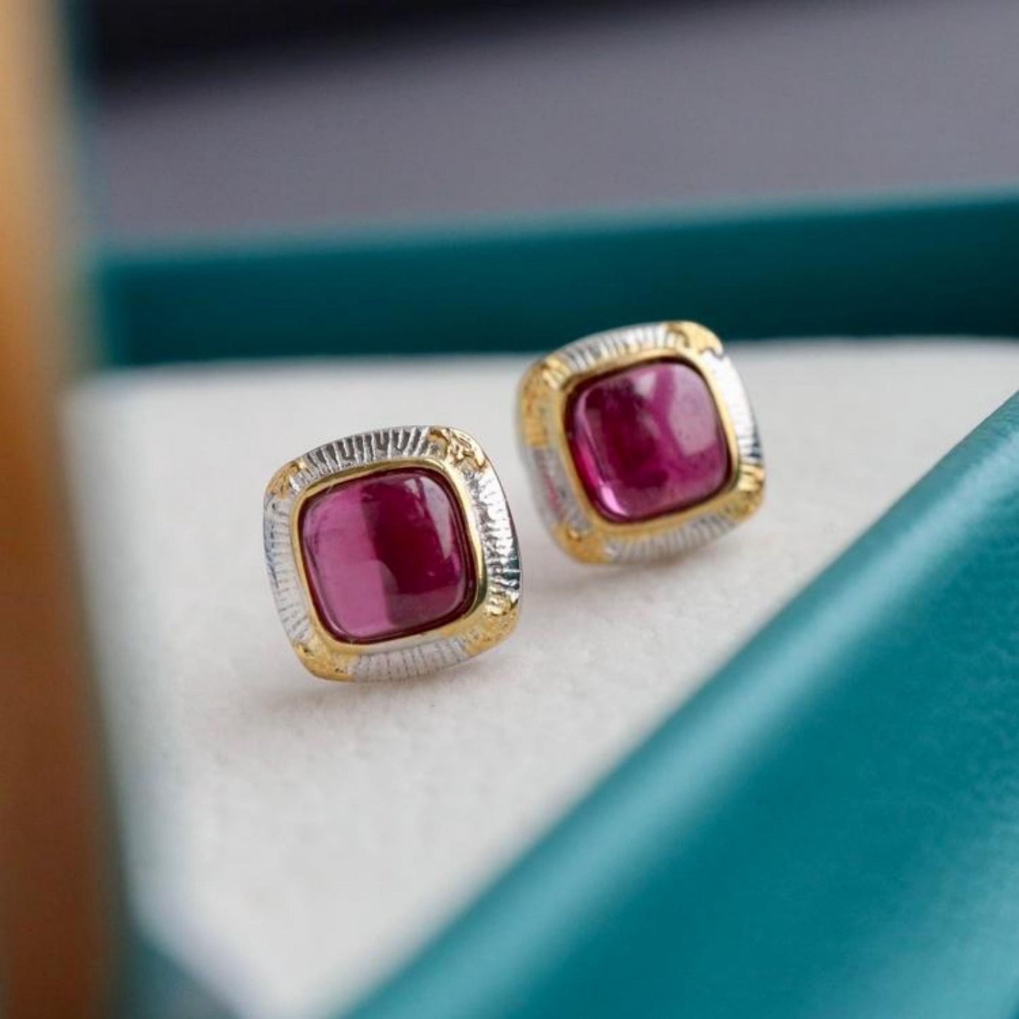 Natural spessartine garnet Stud Earrings /Sterling 925Silver 18K Gold-Plated garnet Studs/Customize gift box/January birthstone gift/retro