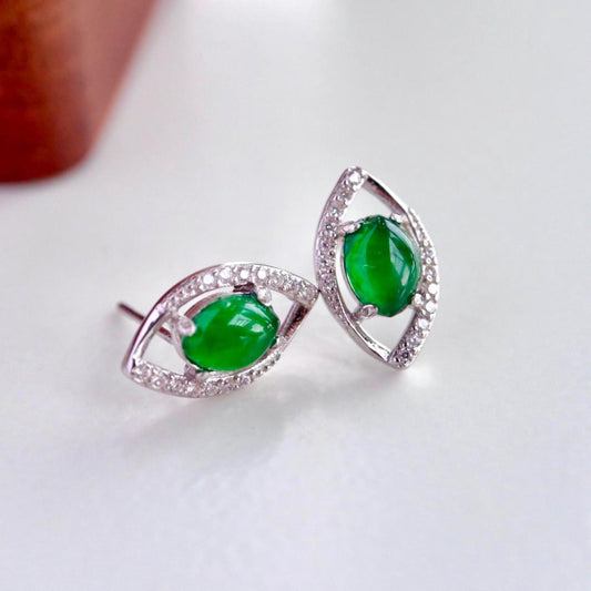 Natural jadeite Stud Earrings /Sterling 925-Silver 18KGold-Plated marquise green jade Studs/Customize gift box/jade silver/anniversary gift