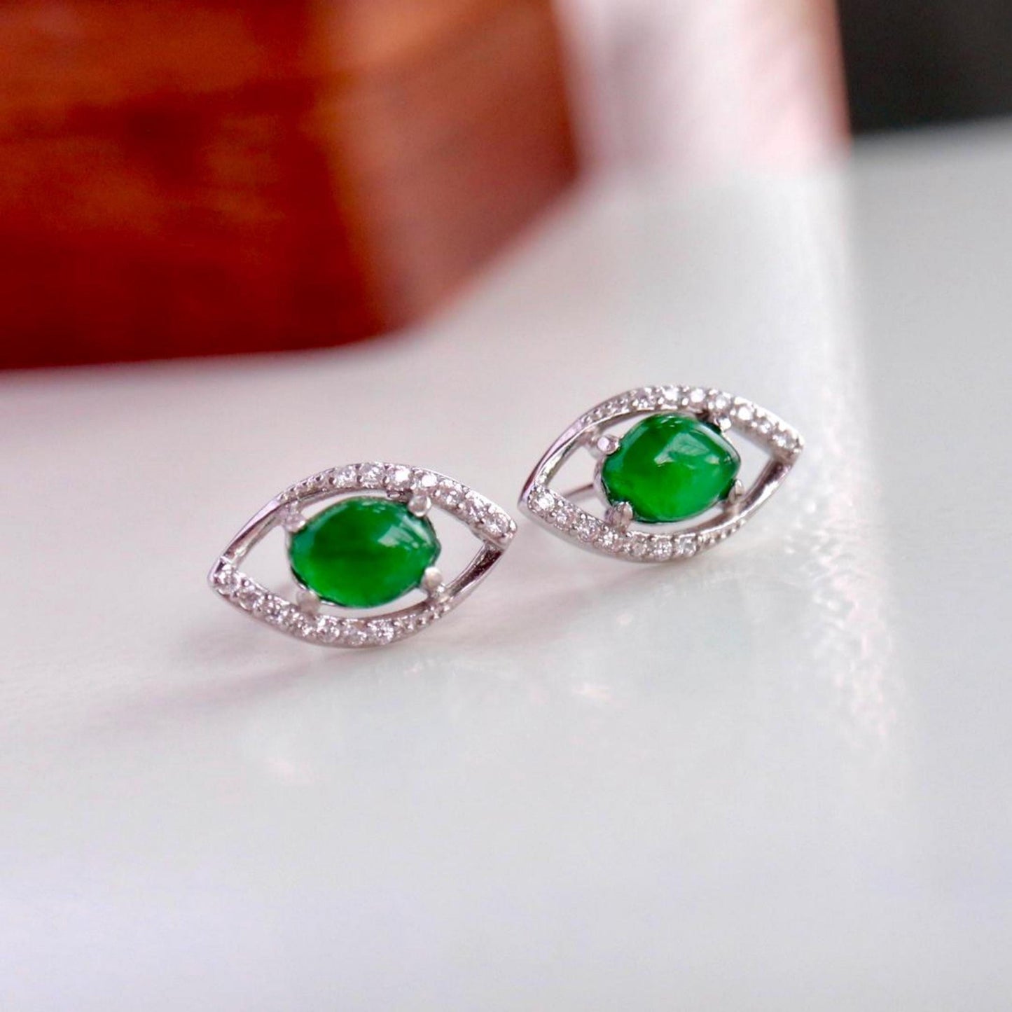 Natural jadeite Stud Earrings /Sterling 925-Silver 18KGold-Plated marquise green jade Studs/Customize gift box/jade silver/anniversary gift