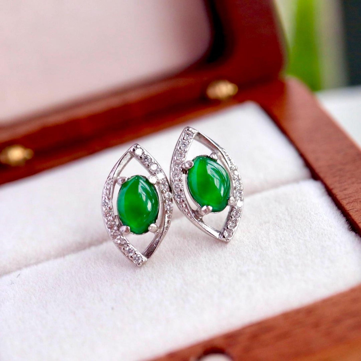 Natural jadeite Stud Earrings /Sterling 925-Silver 18KGold-Plated marquise green jade Studs/Customize gift box/jade silver/anniversary gift