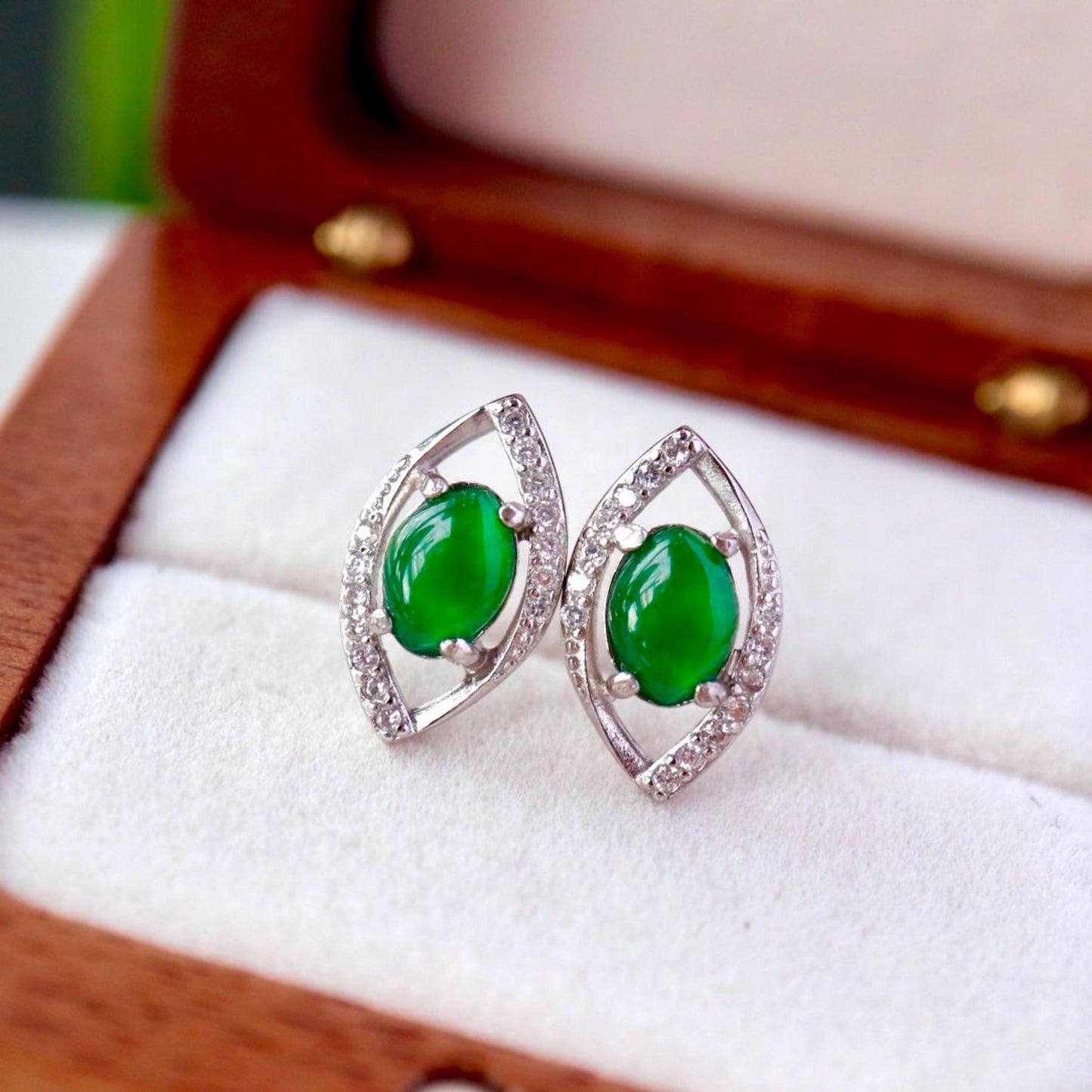 Natural jadeite Stud Earrings /Sterling 925-Silver 18KGold-Plated marquise green jade Studs/Customize gift box/jade silver/anniversary gift