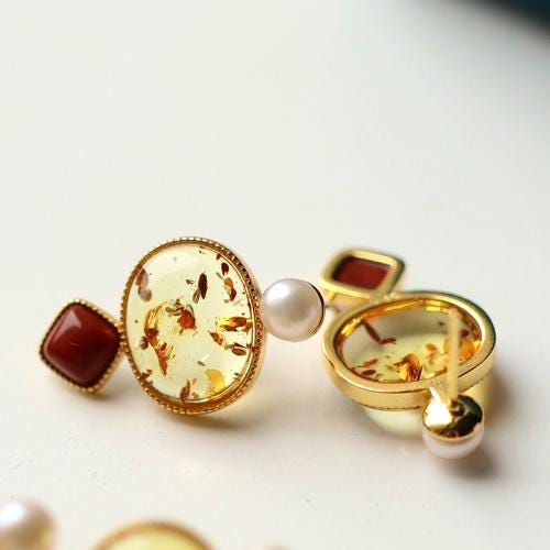 Natural Floral amber Stud Earrings /Sterling 925 Silver 18K Gold-Plated Floral amber Studs with pearl&Southern Red Agate/Customize gift box