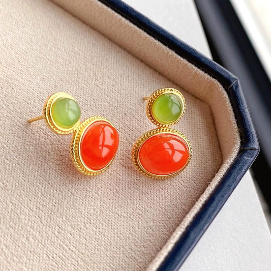 Natural Southern Red Agate Stud Earrings /Sterling 925 Silver 18K Gold-Plated agate Studs with green jade/Customize gift box/retro court