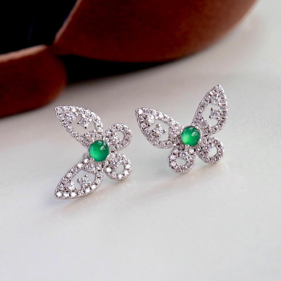 Natural jadeite Stud Earrings /Sterling 925-Silver Gold-Plated round green jade Studs/Customize gift box/butterfly earrings/anniversary gift