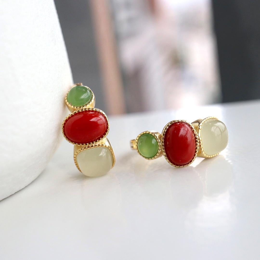 Natural Southern Red Agate Earrings /Sterling 925 Silver 18K Gold-Plated agate Studs with Nephrite/Customize gift box/retro court