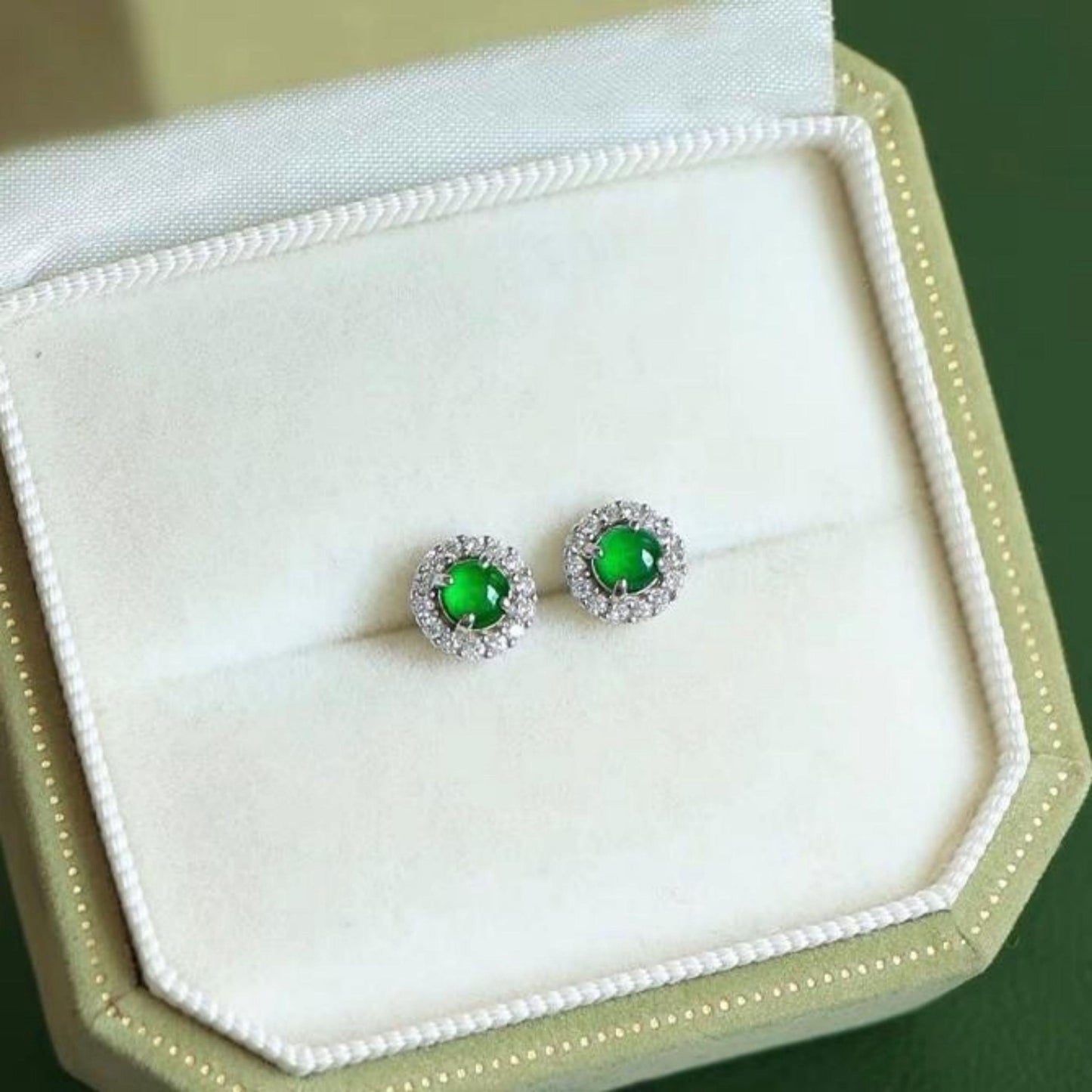 Natural jadeite Stud Earrings /Sterling 925-Silver 18KGold-Plated round green jade Studs/Customize gift box/anniversary gift/dainty earrings