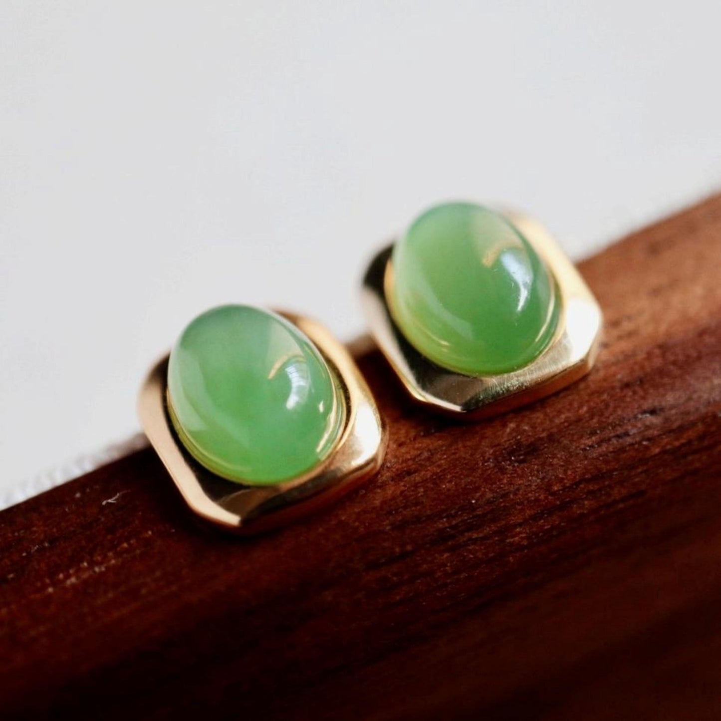 Natural green jade Stud Earrings /Sterling 925-Silver 18KGold-Plated green Nephrite Studs/Customize gift box/anniversary gift/minimalist