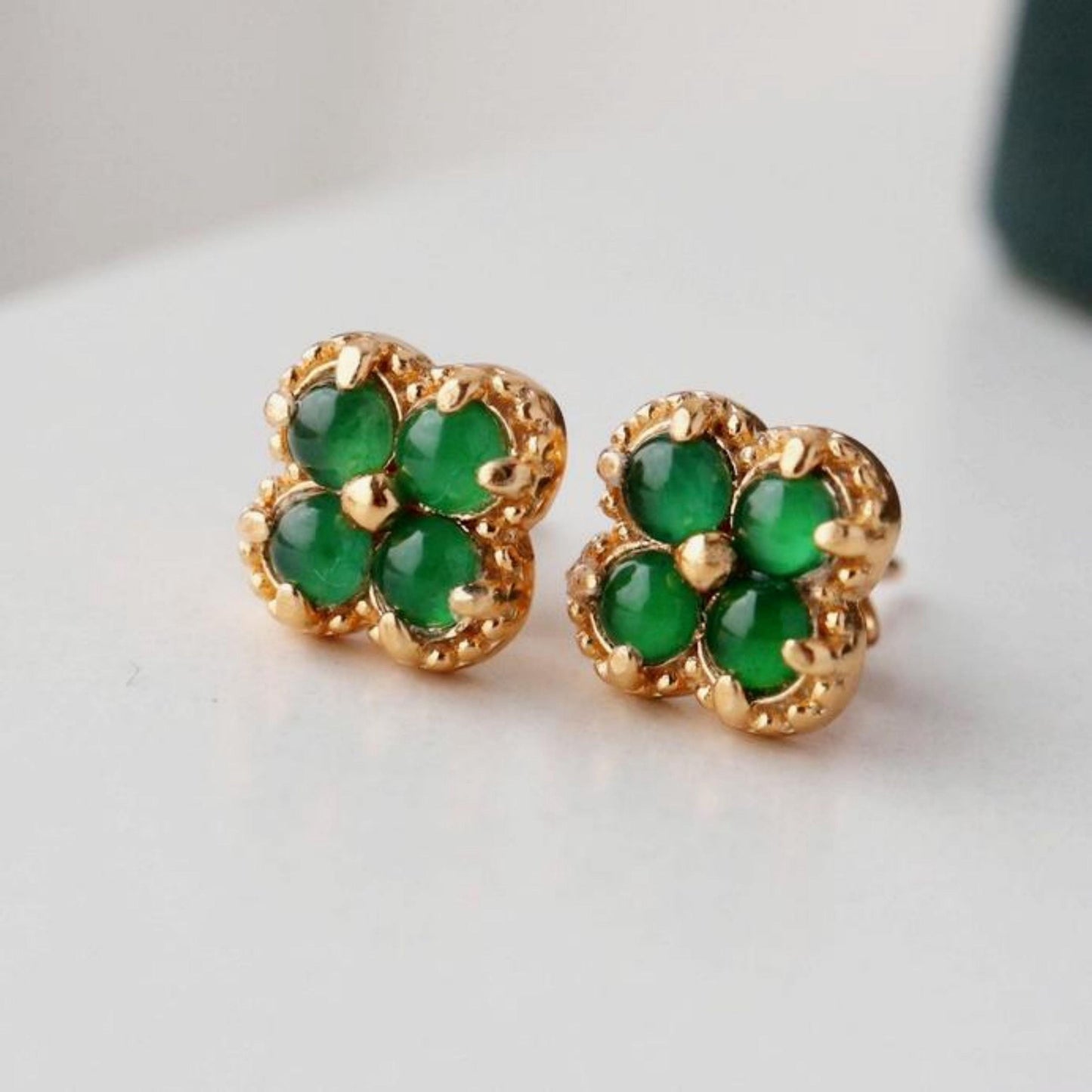 Natural jadeite Stud Earrings /Sterling 925Silver Gold-Plated green jade Studs/Customize gift box/anniversary gift/four-leaf clover earrings