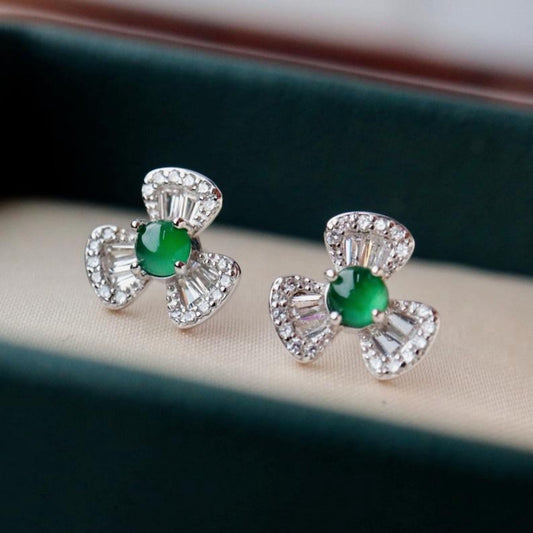 Natural jadeite Stud Earrings /Sterling 925Silver 18kGold-Plated green jade Studs/Customize gift box/anniversary gift/Dainty clover earrings