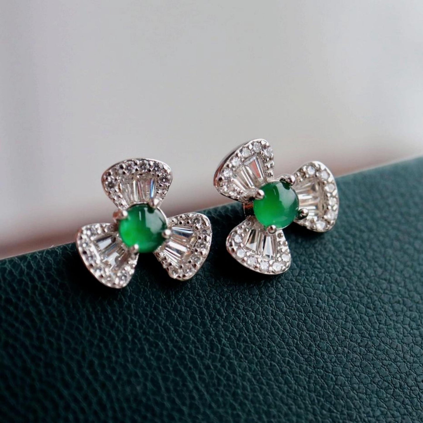 Natural jadeite Stud Earrings /Sterling 925Silver 18kGold-Plated green jade Studs/Customize gift box/anniversary gift/Dainty clover earrings