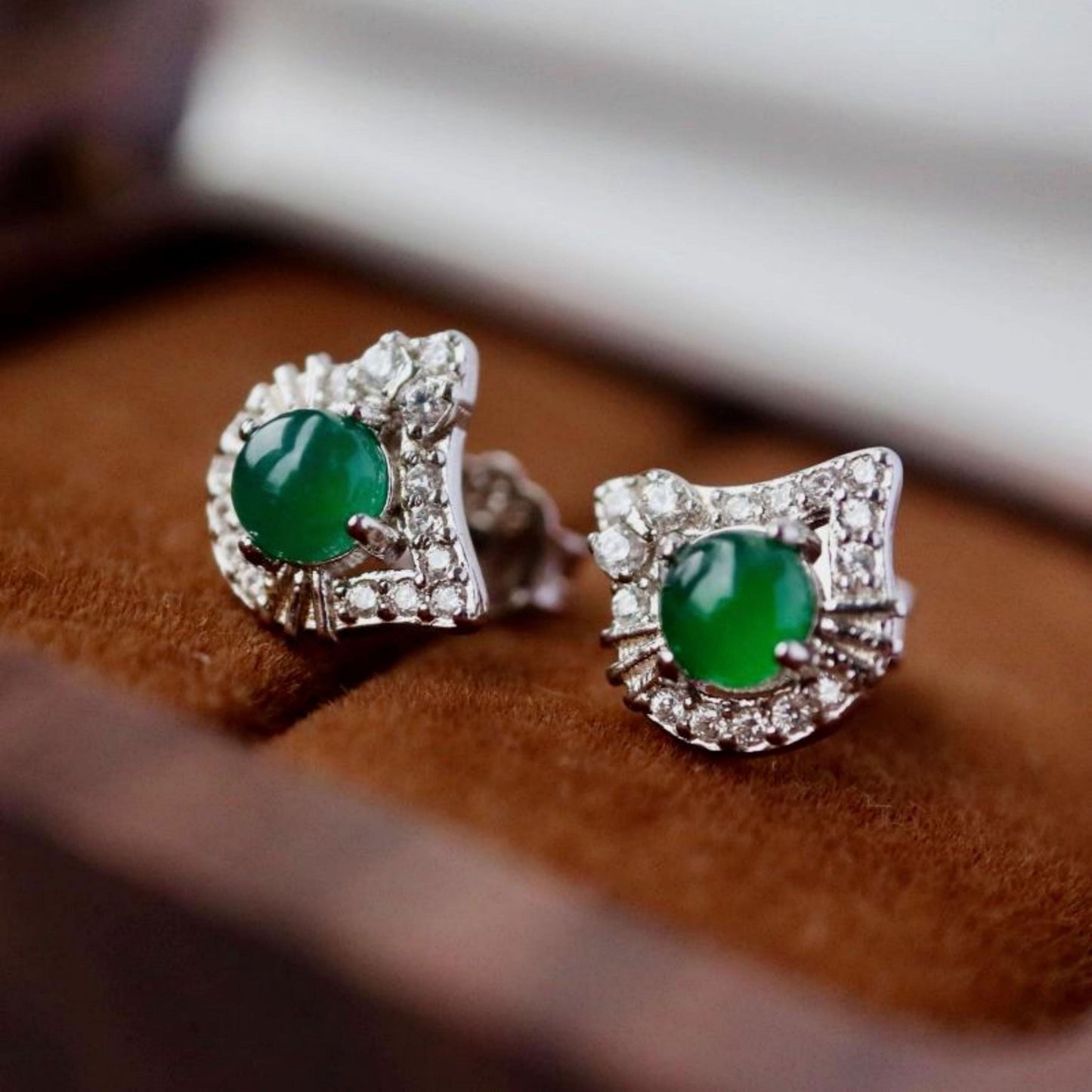 Natural jadeite Stud Earrings /Sterling 925 Silver 18k Gold-Plated green jade Studs/Customize gift box/anniversary gift/Dainty cat earrings