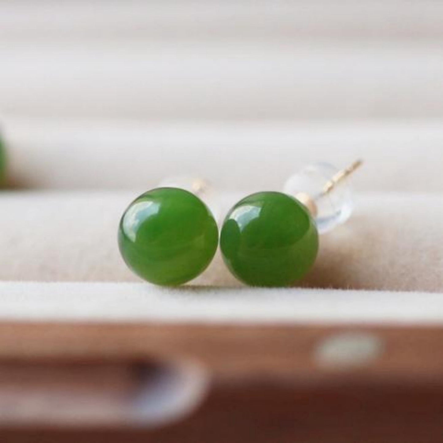 Natural green jade Stud Earrings/18K Gold  green Nephrite Studs/Customize gift box/anniversary gift/minimalist jade earrings/unique gift for