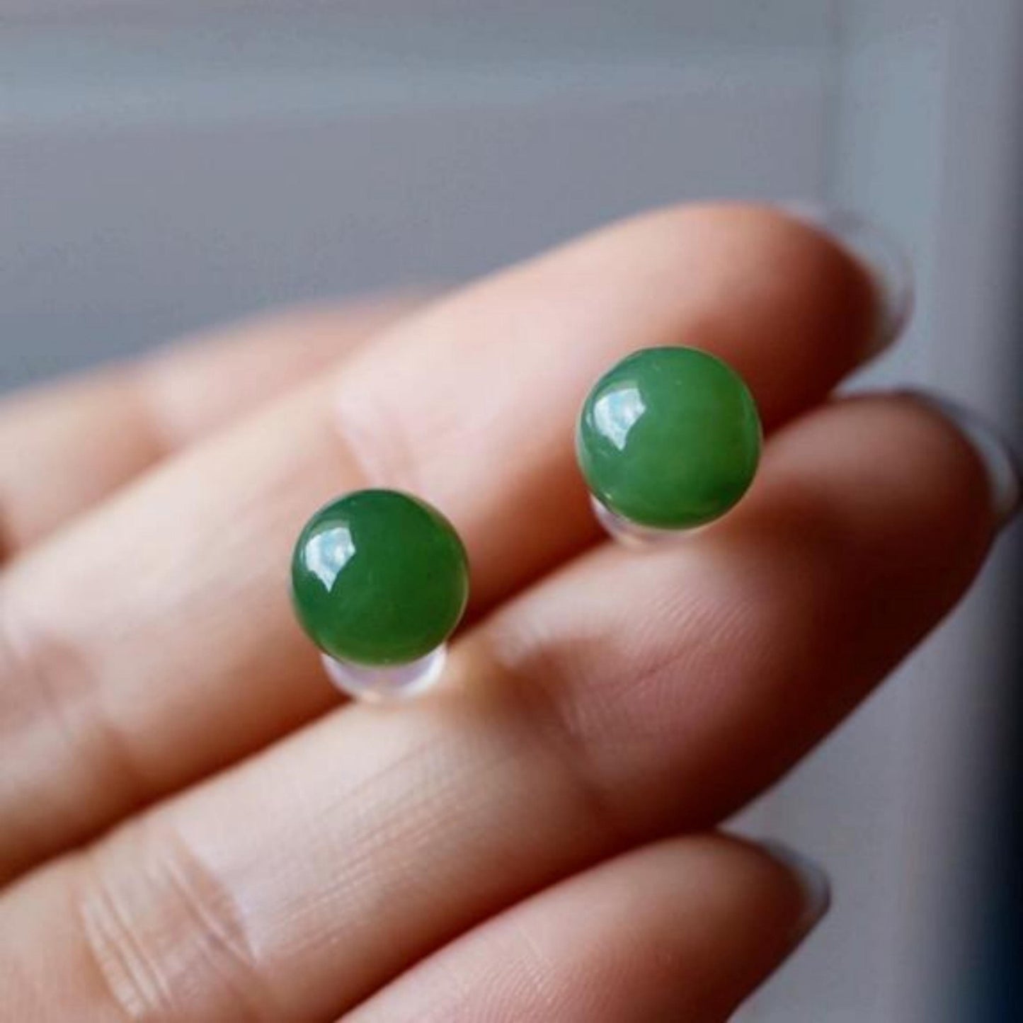 Natural green jade Stud Earrings/18K Gold  green Nephrite Studs/Customize gift box/anniversary gift/minimalist jade earrings/unique gift for