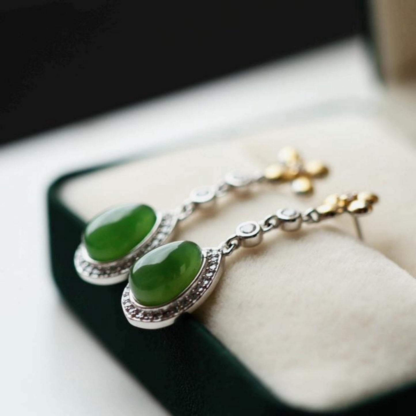 Natural green jade dangle Earrings/Sterling 925-Silver 18KGold-Plated  green Nephrite drops/Customize gift box/anniversary gift/unique gift