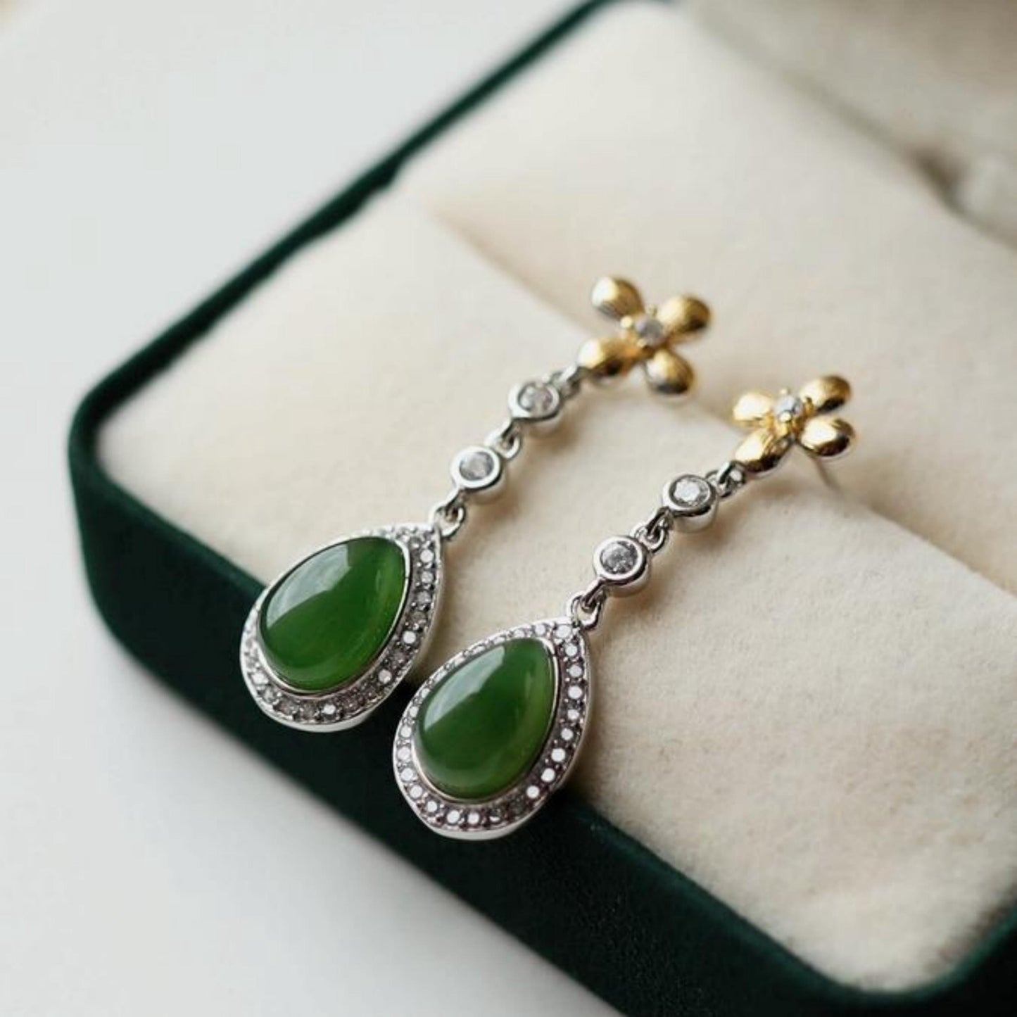 Natural green jade dangle Earrings/Sterling 925-Silver 18KGold-Plated  green Nephrite drops/Customize gift box/anniversary gift/unique gift