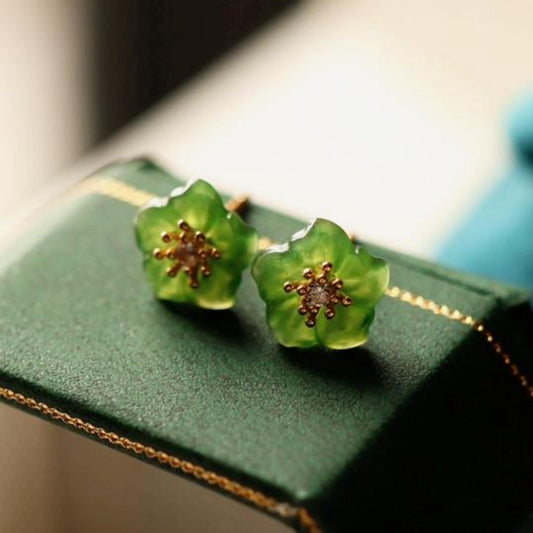 Natural jade Stud Earrings /Sterling 925 Silver 18K Gold-Plated green jade floral Studs/Customize gift box/anniversary gift/flower-shaped