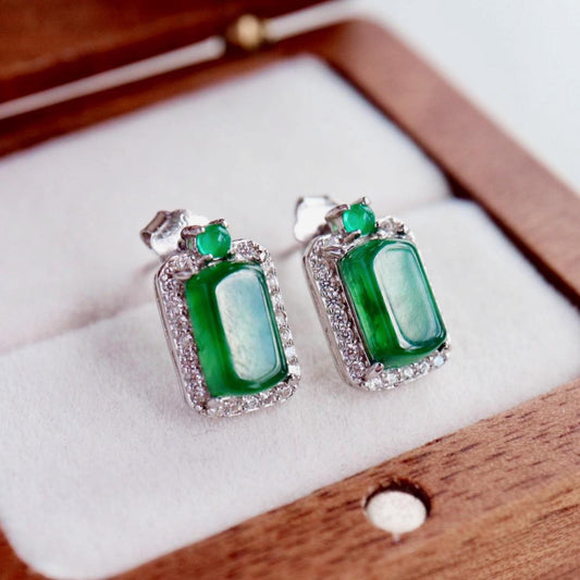 Natural jadeite Stud Earrings /Sterling 925 Silver 18k Gold-Plated green jade Studs/Customize gift box/anniversary gift/Dainty jade earrings