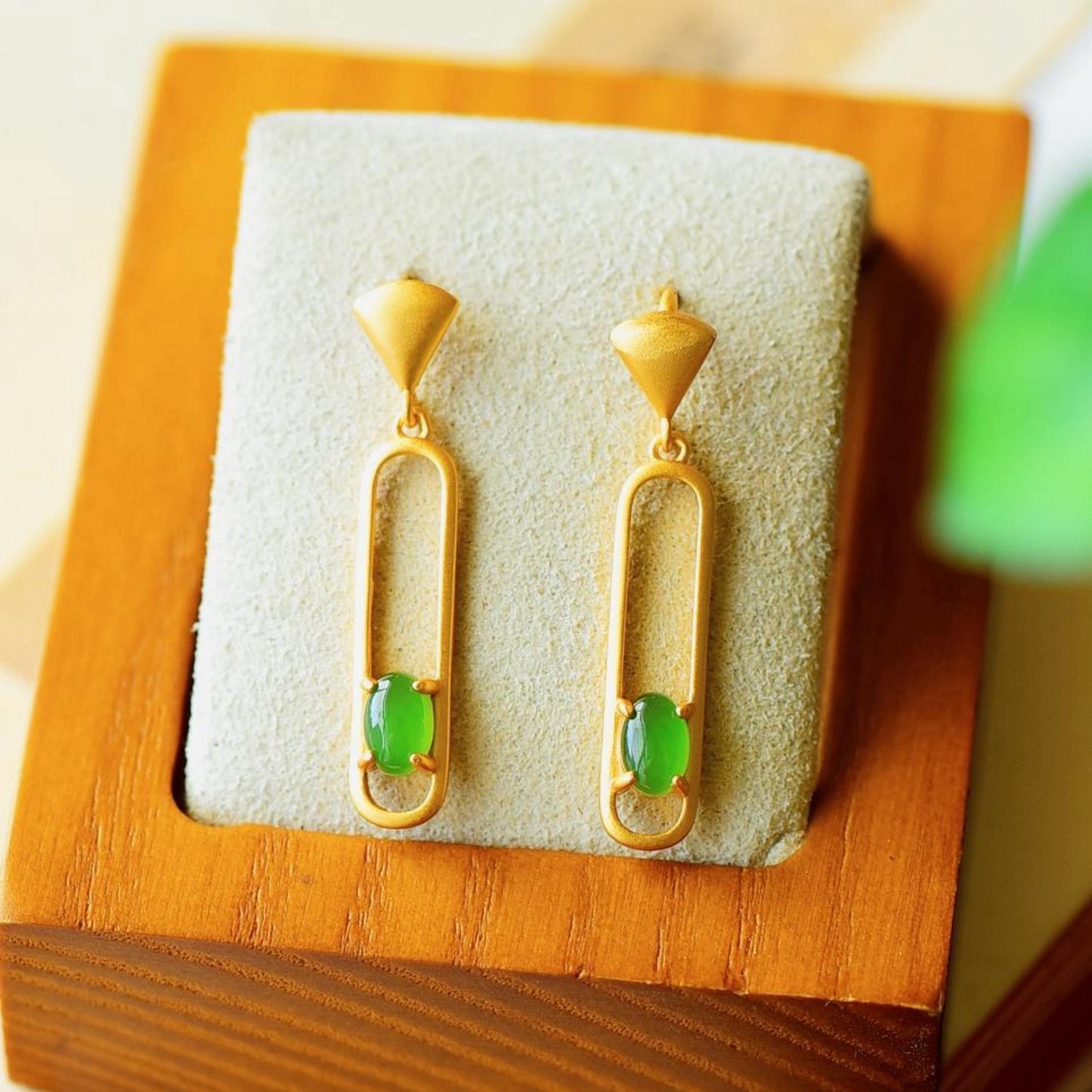 Natural green jade dangle Earrings/Sterling 925Silver 18KGold-Plated green Nephrite drops/Customize gift box/anniversary gift/geometric line