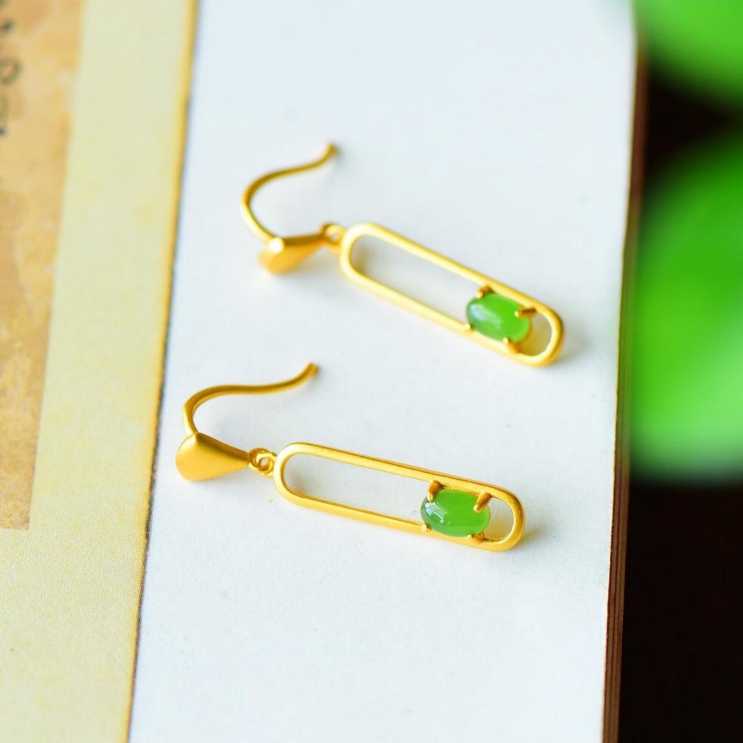 Natural green jade dangle Earrings/Sterling 925Silver 18KGold-Plated green Nephrite drops/Customize gift box/anniversary gift/geometric line