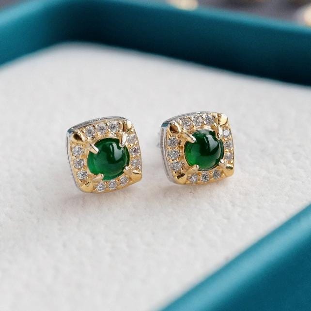 Natural jadeite Stud Earrings /Sterling 925Silver 18k Gold-Plated green jade Studs/Customize gift box/anniversary gift/Retro jade earrings