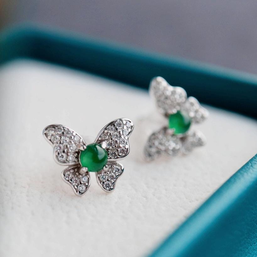 Natural jadeite Stud Earrings /Sterling 925 Silver 18k Gold-Plated green jade Studs/Customize gift box/anniversary gift/butterfly earrings