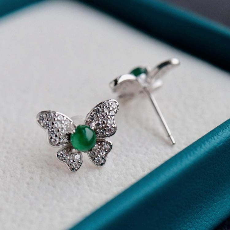 Natural jadeite Stud Earrings /Sterling 925 Silver 18k Gold-Plated green jade Studs/Customize gift box/anniversary gift/butterfly earrings