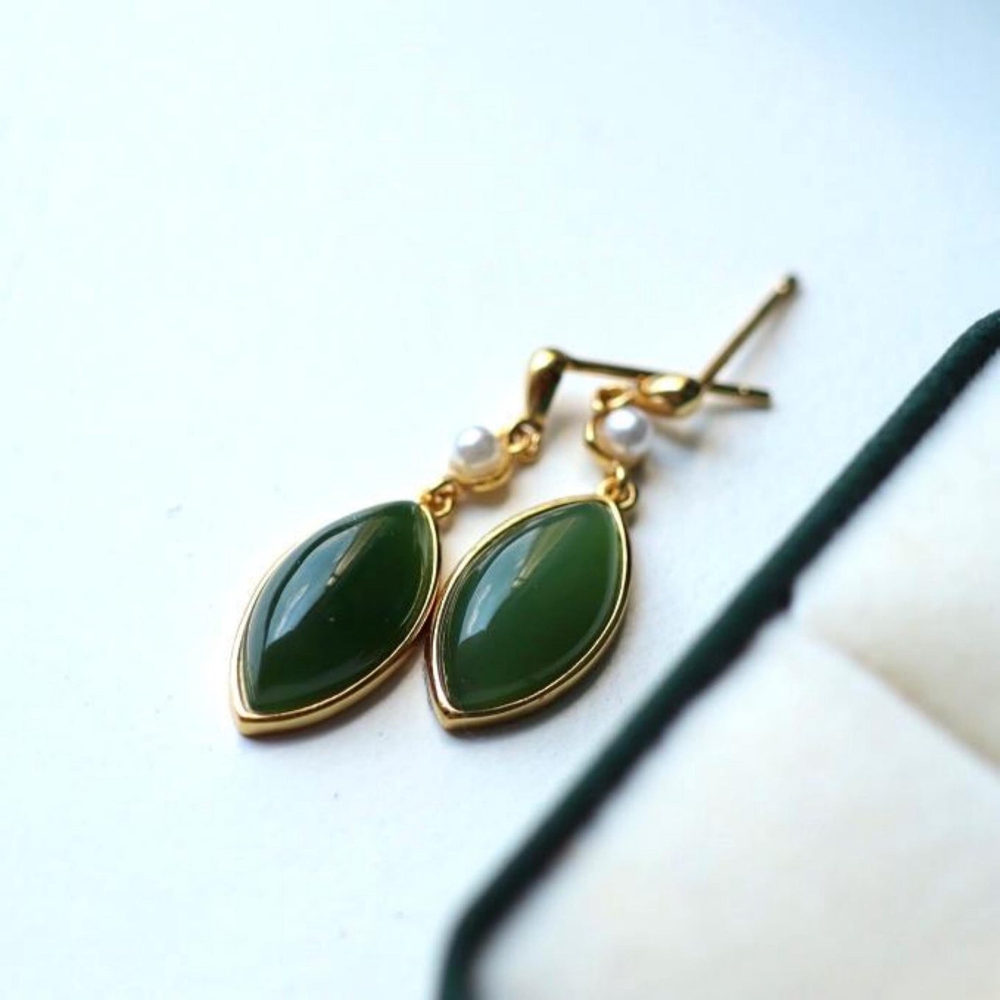 Natural green jade dangle Earrings/Sterling 925Silver 18KGold-Plated marquise jade drops/Customize gift box/anniversary retro raw jade drops