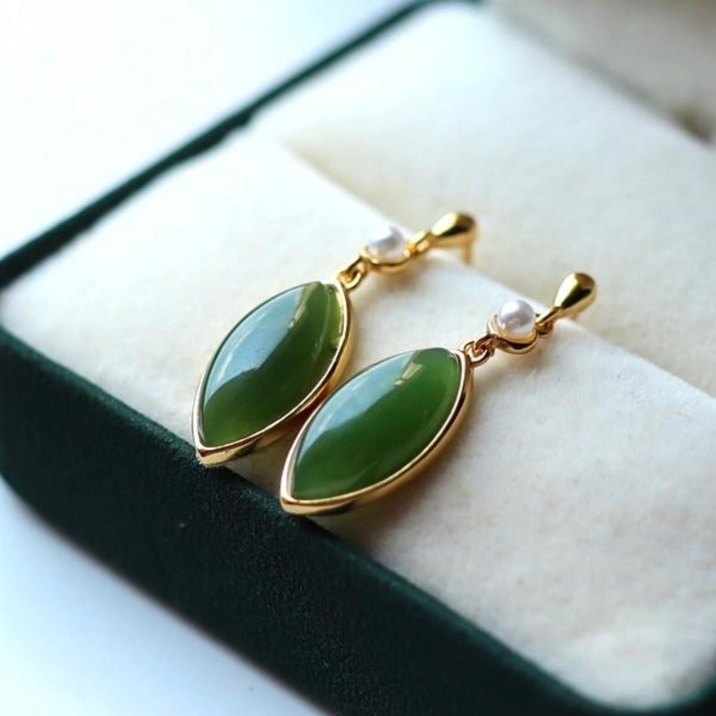 Natural green jade dangle Earrings/Sterling 925Silver 18KGold-Plated marquise jade drops/Customize gift box/anniversary retro raw jade drops