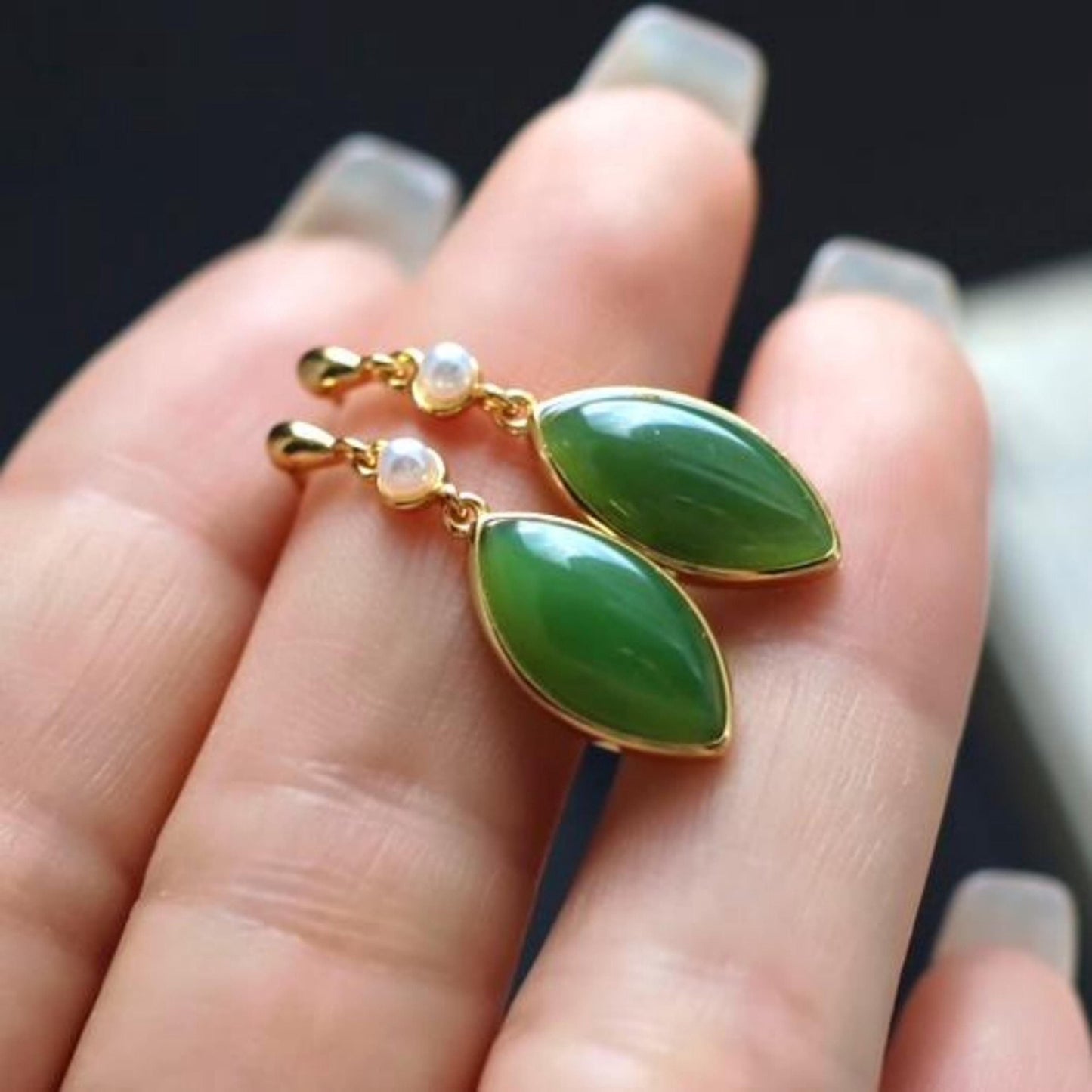 Natural green jade dangle Earrings/Sterling 925Silver 18KGold-Plated marquise jade drops/Customize gift box/anniversary retro raw jade drops