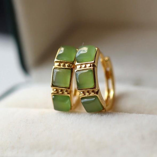 Natural green jade Stud Earrings /Sterling 925-Silver 18KGold-Plated green Nephrite Studs/Customize gift box/anniversary gift/retro court