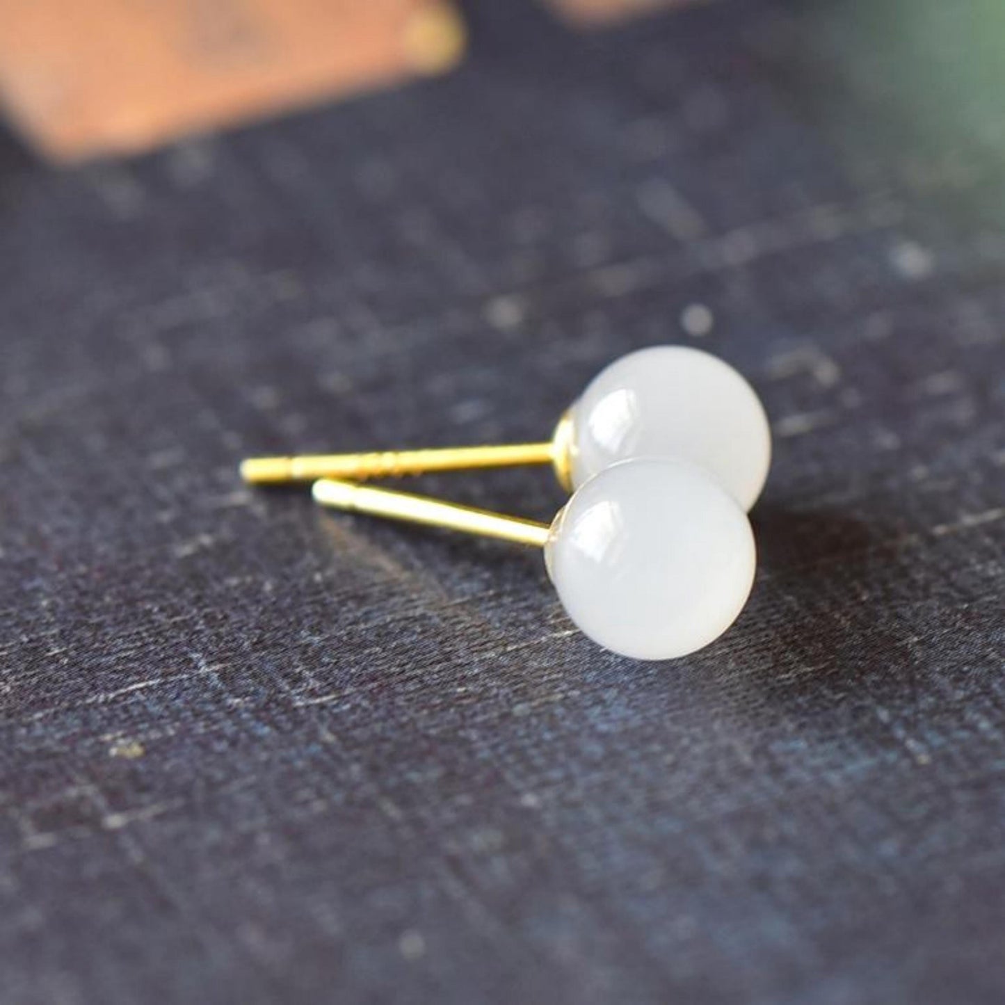 Natural white jade Stud Earrings/Sterling 925 Silver 18K Gold-Plated Nephrite Studs/Customize gift box/anniversary gift/minimalist earrings