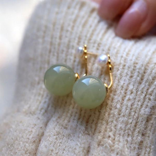 Natural jade Stud Earrings/Sterling 925 Silver 18K Gold-Plated Nephrite Studs/Customize gift box/anniversary gift/unique design earrings