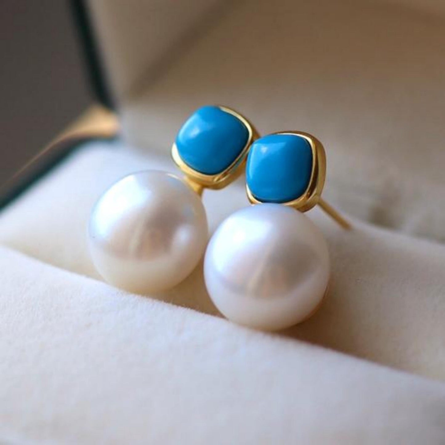 Natural pearl Stud Earrings /Sterling 925Silver 18KGold-Plated pearl Turquoise Stud/Customize gift box/June birthstone gift/anniversary gift