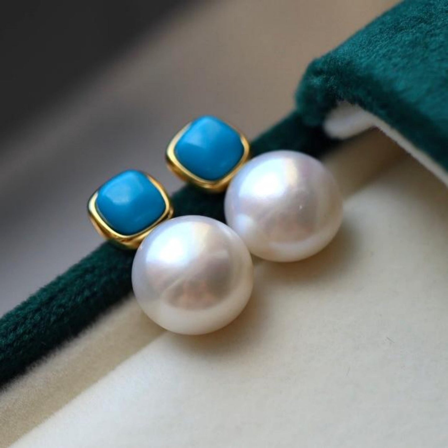 Natural pearl Stud Earrings /Sterling 925Silver 18KGold-Plated pearl Turquoise Stud/Customize gift box/June birthstone gift/anniversary gift