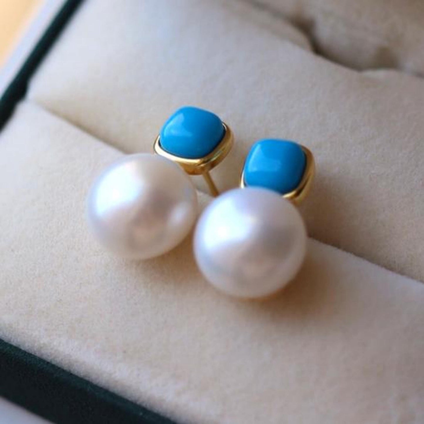 Natural pearl Stud Earrings /Sterling 925Silver 18KGold-Plated pearl Turquoise Stud/Customize gift box/June birthstone gift/anniversary gift