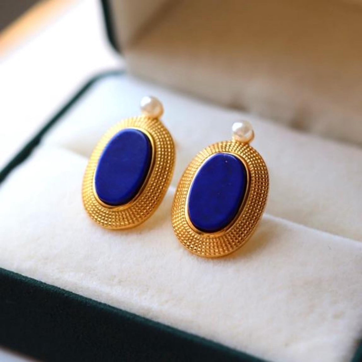 Natural Lapis lazuli Stud Earrings/Sterling 925 Silver Gold-Plated Lapis lazuli Studs/Customize gift box/anniversary gift/retro court studs