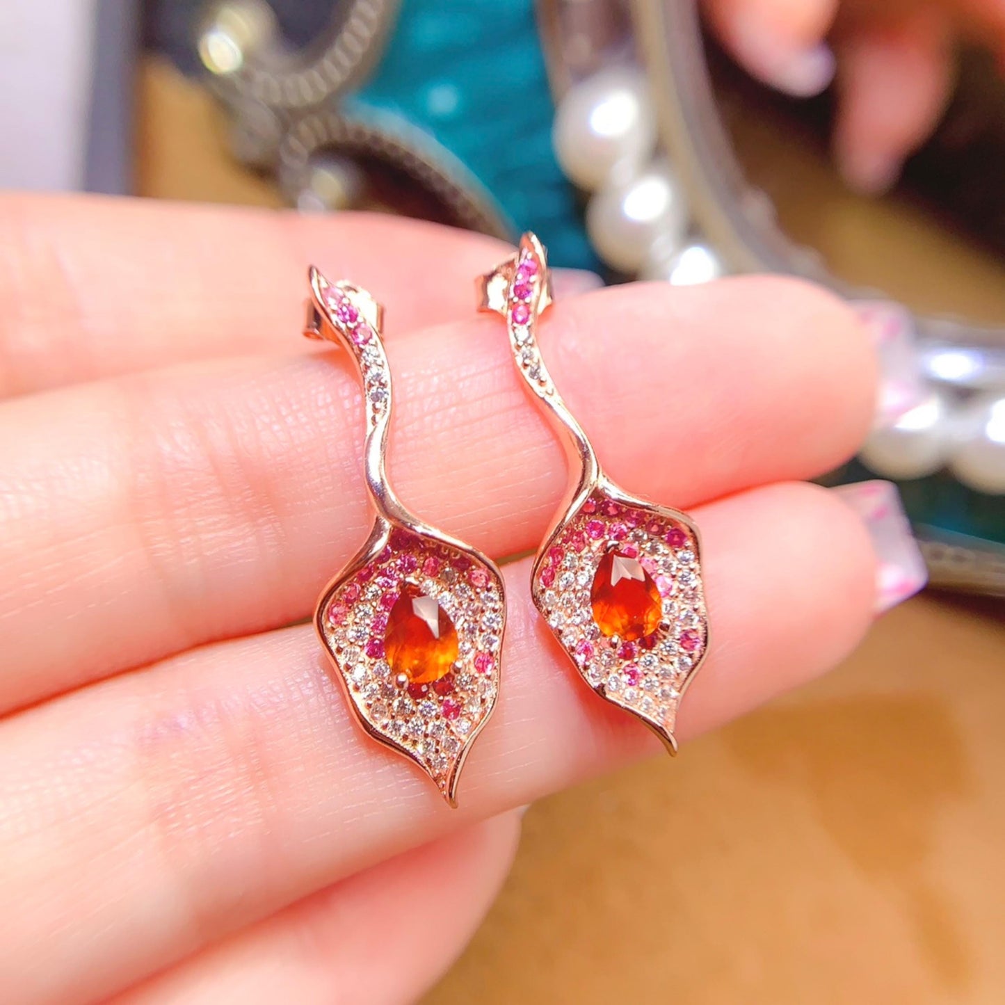 Natural fanda garnet dangle&drop Earrings /Sterling 925Silver 18K Gold-Plated orange garnet Studs/Customize gift box/January birthstone gift