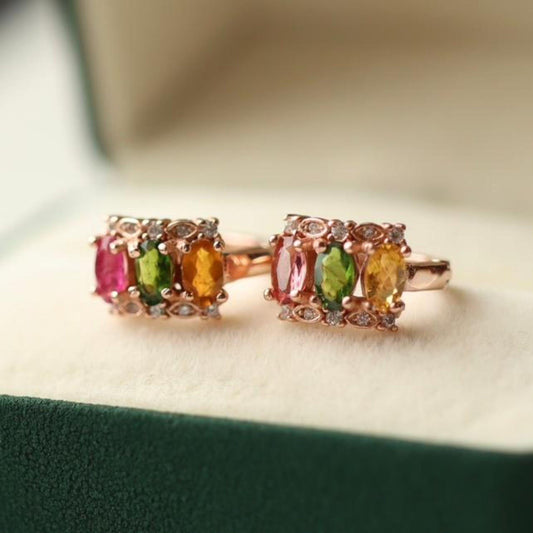 Natural rainbow tourmaline hoop Earrings/Sterling 925Silver 18K Gold-Plated tourmaline hoops/Customize gift box/October birthstone gift