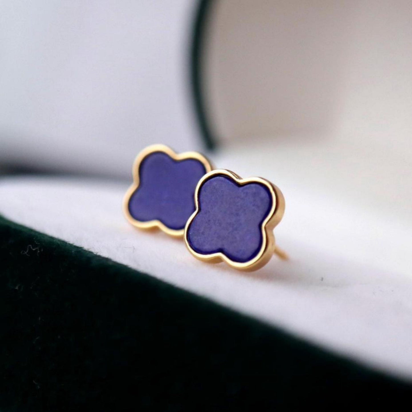 Natural Lapis lazuli Stud Earrings /Sterling 925-Silver Gold-Plated Lapis lazuli Studs/Customize gift box/anniversary gift/Three-leaf clover