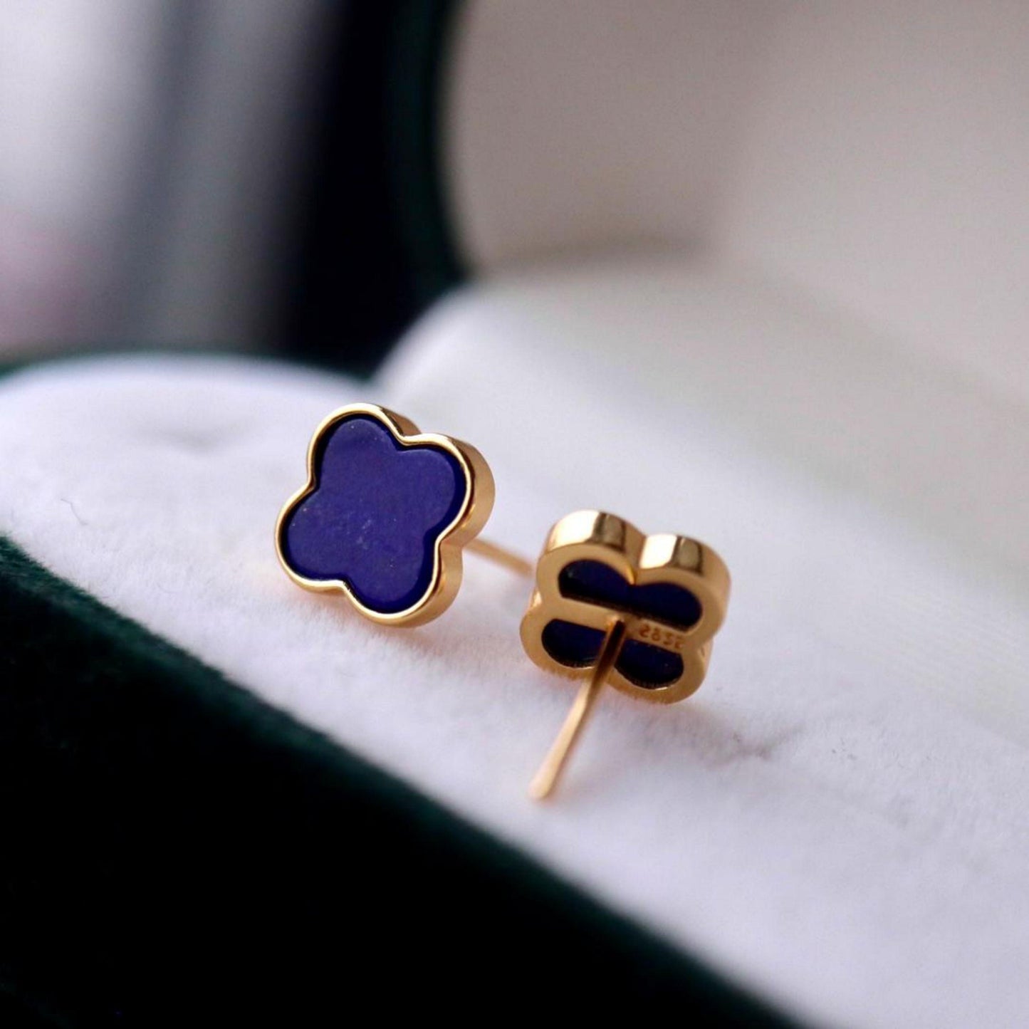 Natural Lapis lazuli Stud Earrings /Sterling 925-Silver Gold-Plated Lapis lazuli Studs/Customize gift box/anniversary gift/Three-leaf clover